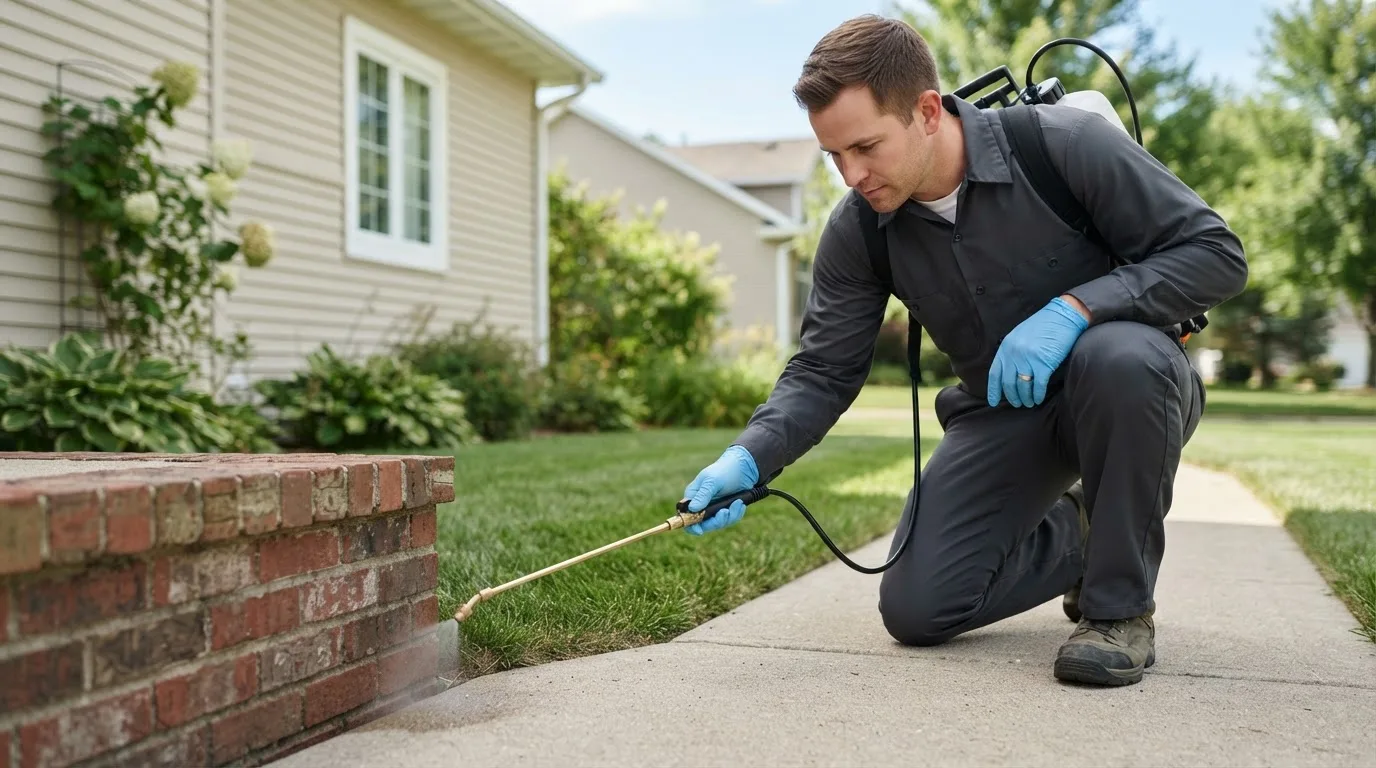 Pest control technician treating a home near Falmouth, MI