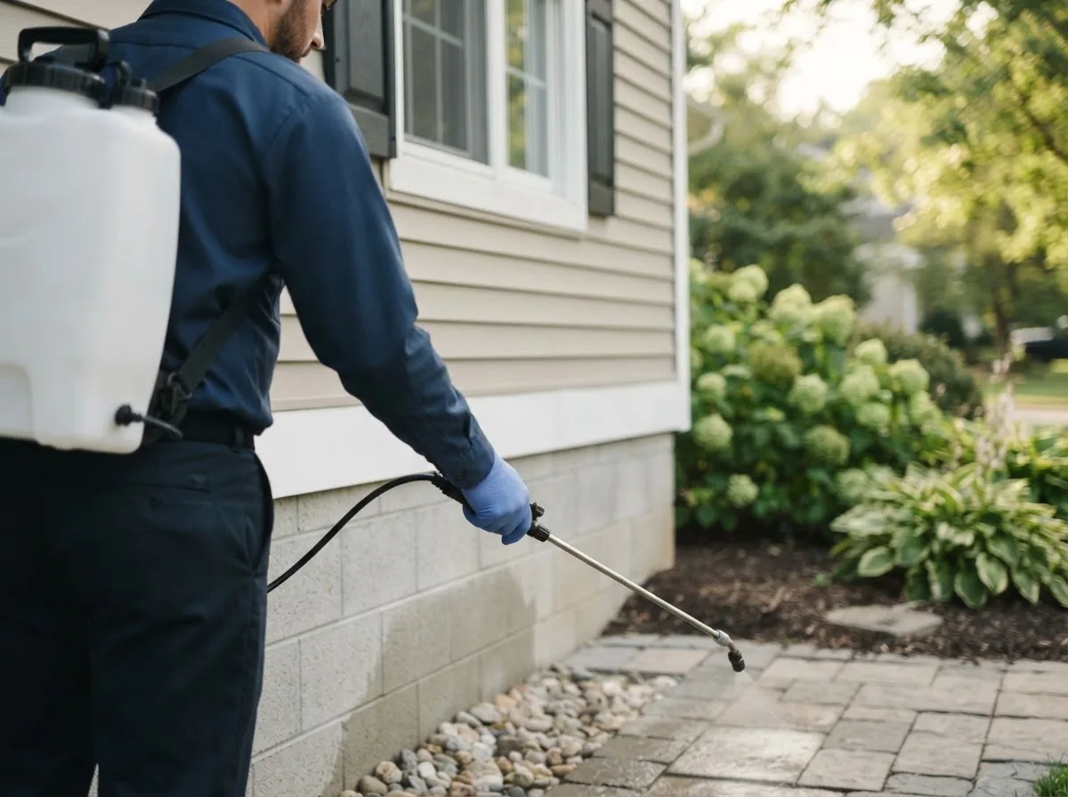 Pest control technician inspecting a home in Falmouth, MI
